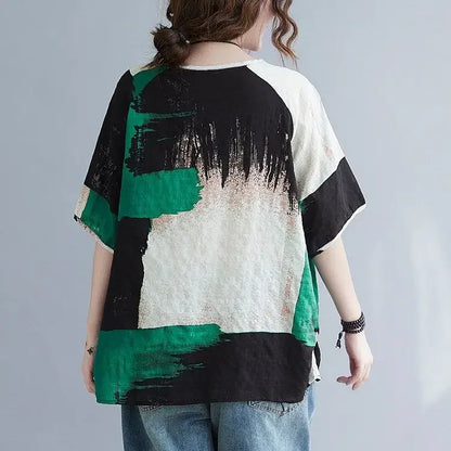 Women summer T-shirt retro loose cotton linen short sleeve top with green black abstract print on Tampa Home & Garden Store