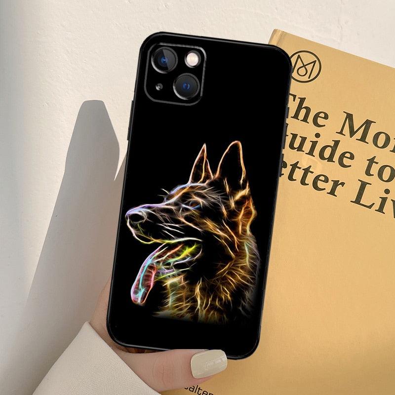 Stevvex Cartoon German Shepherd iPhone case black with neon dog design on Tampa Home & Garden Store