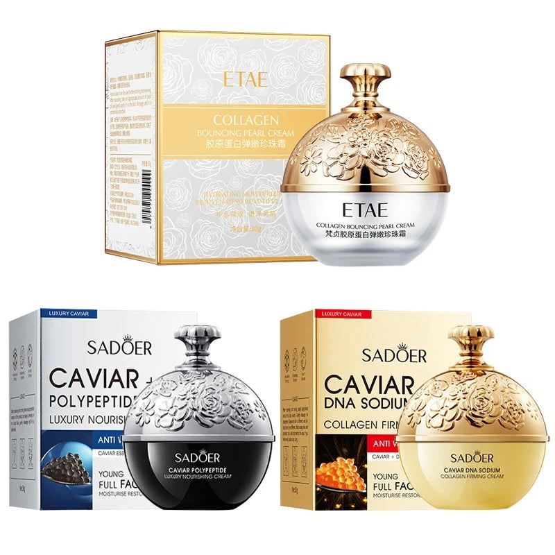 Face cream trio:ETAE Collagen Cream in jar; Sadoer Caviar Polypeptide & DNA Sodium Firming Cream on Tampa Home & Garden Store