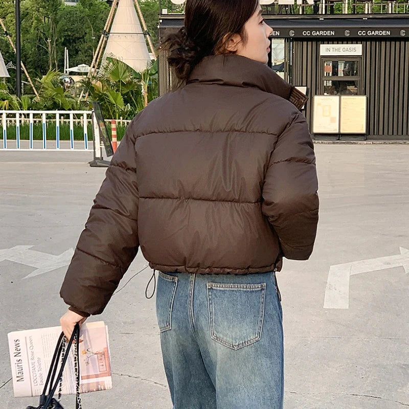 Women Winter Cropped Puffer Jacket brown cotton-padded coat, cropped fit on Tampa Home & Garden Store