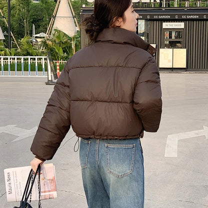 Women Winter Cropped Puffer Jacket brown cotton-padded coat, cropped fit on Tampa Home & Garden Store