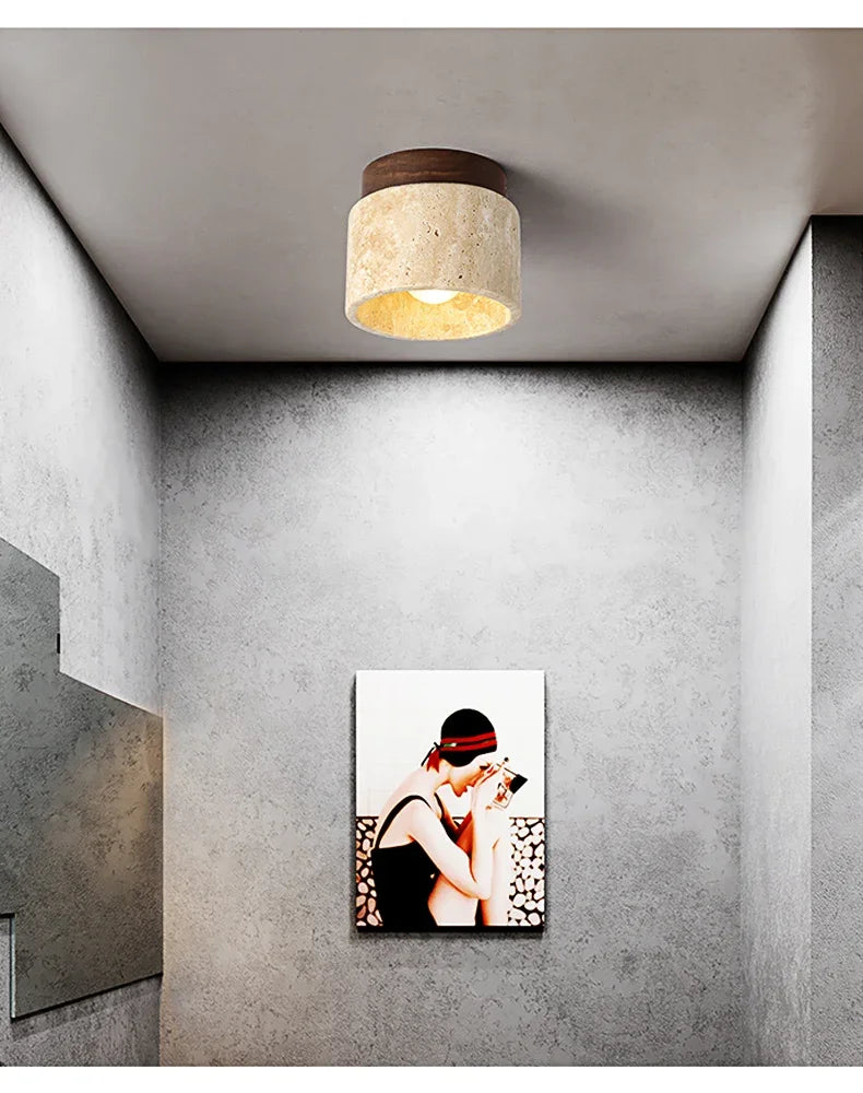 Ceiling pendant lamp with yellow marble drum shade in cream tones on Tampa Home & Garden Store