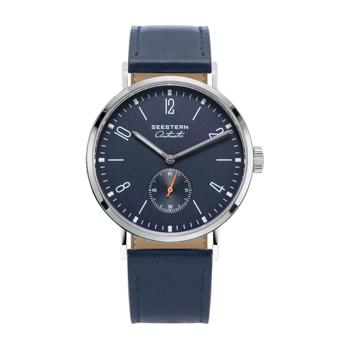 Seestern men's ultra-thin automatic dress watch with navy dial, stainless steel case, blue strap on Tampa Home & Garden Store