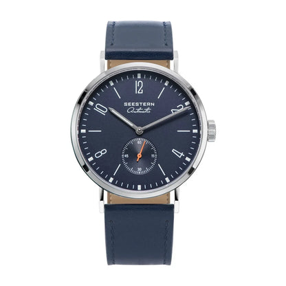 Seestern men's ultra-thin automatic dress watch with navy dial, stainless steel case, blue strap on Tampa Home & Garden Store