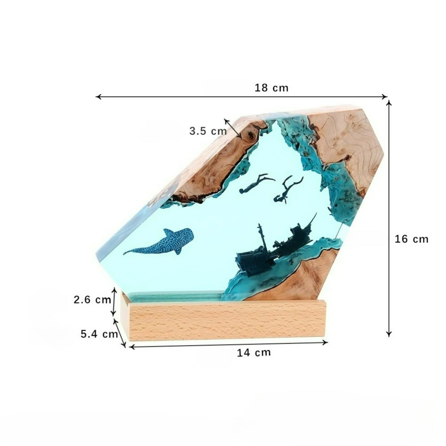 Perfecsy Seabed Exploration resin table light with 2 divers, turquoise ocean scene, wood base on Tampa Home & Garden Store
