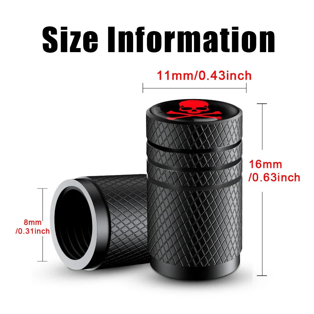 4pcs Skull Valve Stem Caps by BikerZoneZ, black knurled metal with red skull logo on Tampa Home & Garden Store
