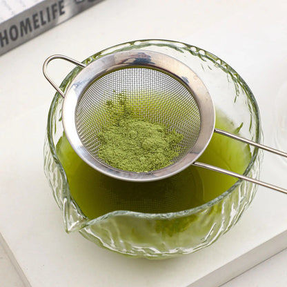 Perfecsy glass matcha whisk set with metal sieve and matcha powder in a green glass teapot on Tampa Home & Garden Store