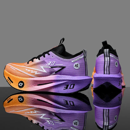 Running sneakers EstaliosFit Cushioned Carbon Board, purple gradient, black laces, pair on Tampa Home & Garden Store