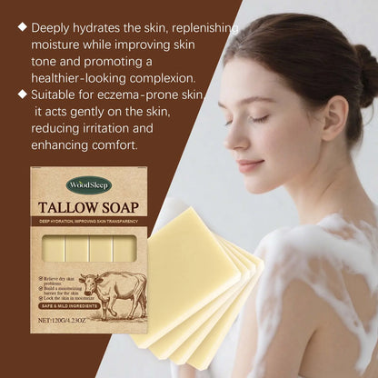 Grass-Fed Beef Tallow Soap by Silcy Skin with WoodSleep packaging and pale yellow soap bars on Tampa Home & Garden Store