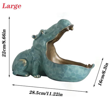 Perfecsy hippo candy-storage statue in teal ceramic with gold interior on Tampa Home & Garden Store