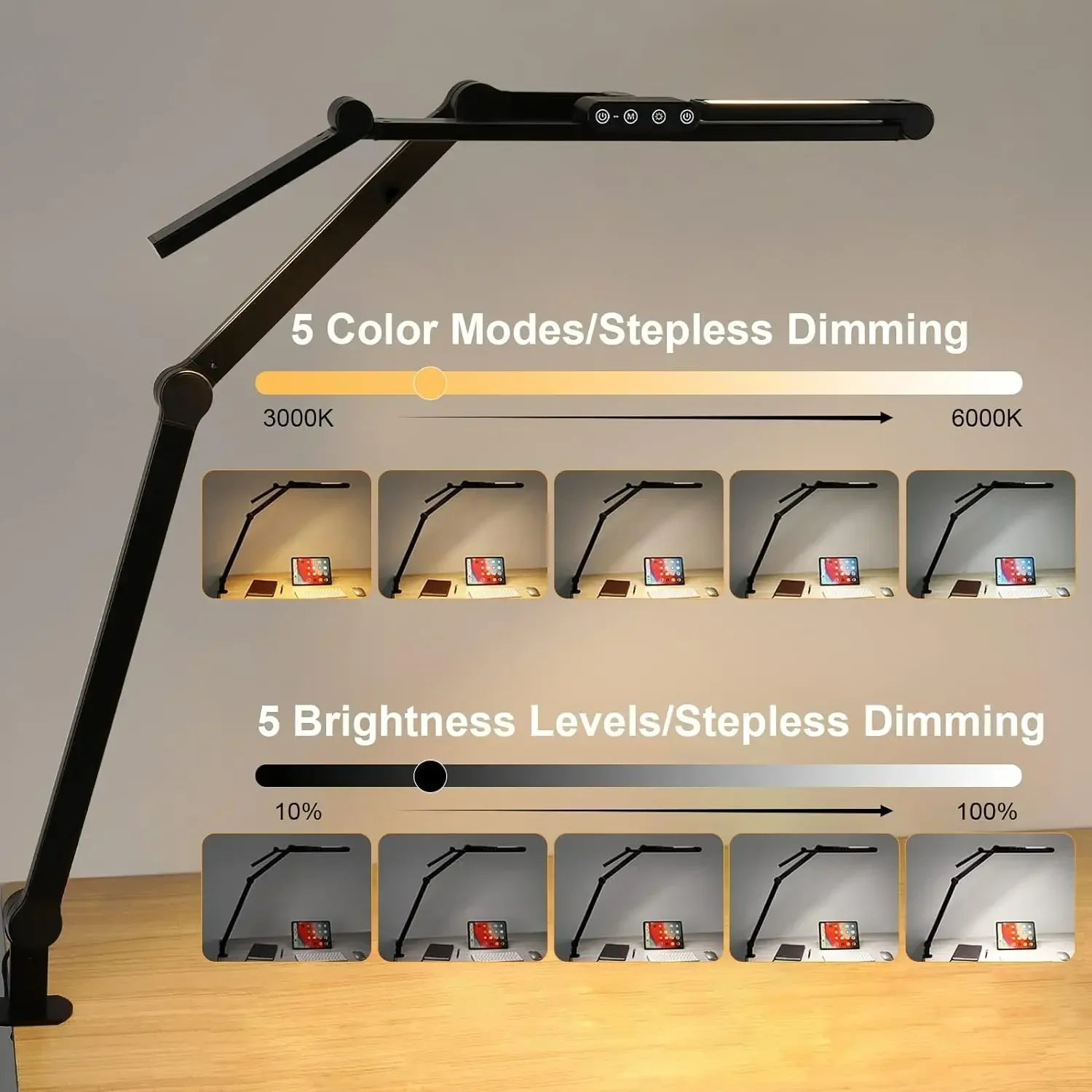 Perfecsy LED desk lamp with clamp, black adjustable architect arm, 24W dimmable, 5 color modes on Tampa Home & Garden Store