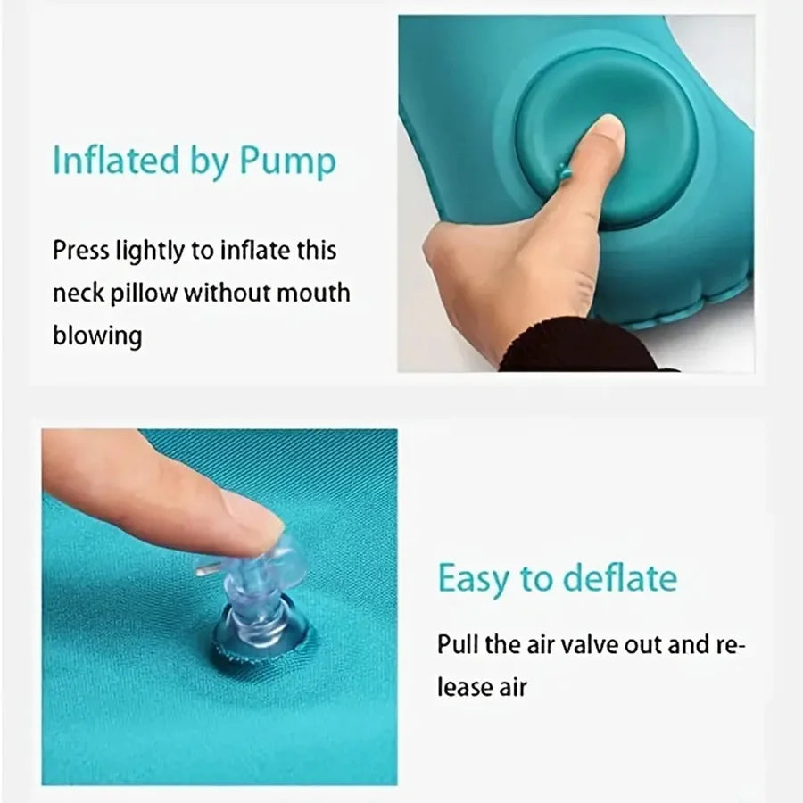 Portable teal inflatable neck pillow with flocked cover; pump inflation and easy deflate valve on Tampa Home & Garden Store