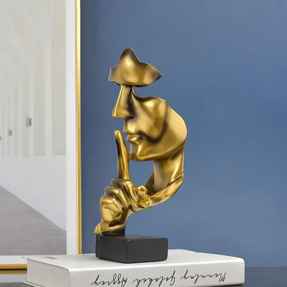 Perfecsy gold resin Thinker statue with finger-to-lips pose, abstract face decor on Tampa Home & Garden Store