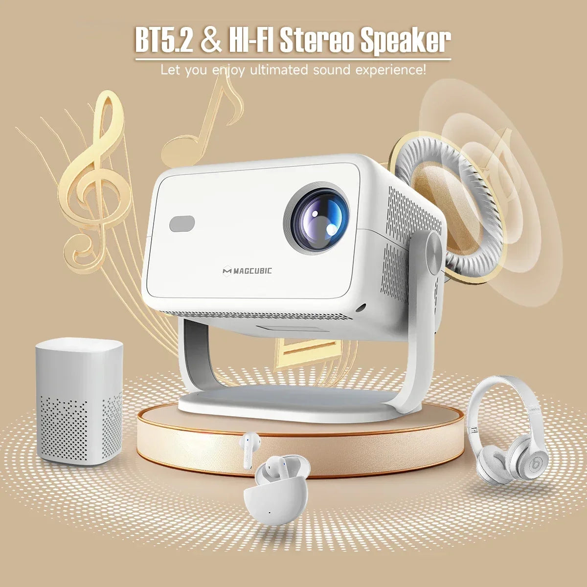 UpTrend Deals 4K portable projector with auto focus, white compact unit on an adjustable stand on Tampa Home & Garden Store