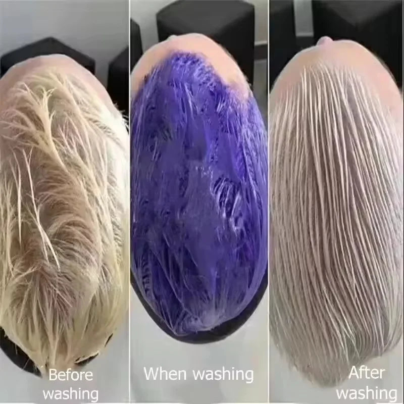 Silcy Skin purple color fixing shampoo demo: yellow before, purple during wash, ash blonde after on Tampa Home & Garden Store