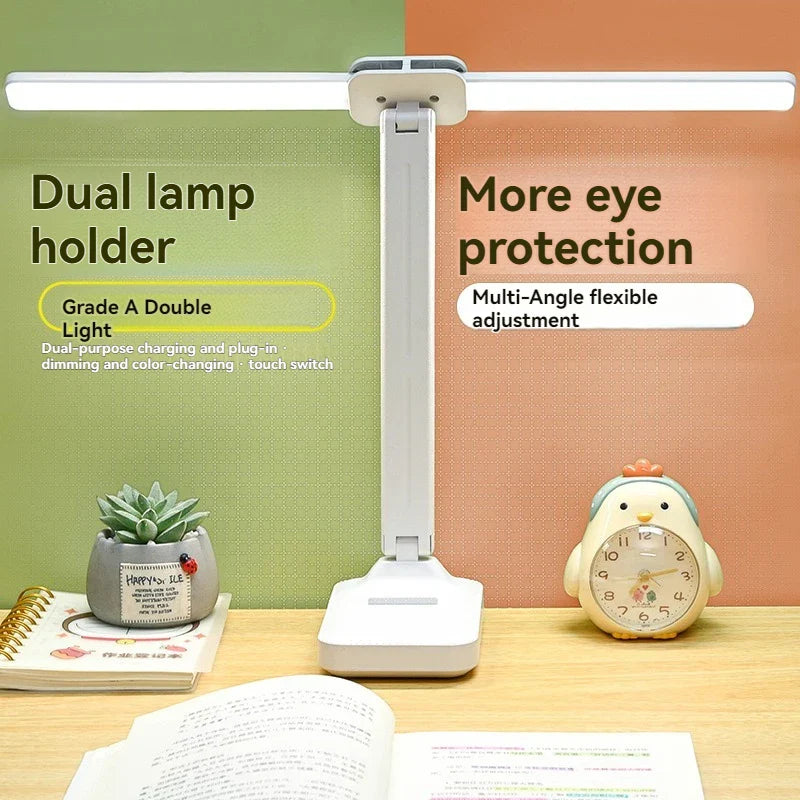 Dual Head LED Desk Lamp | USB Rechargeable Foldable Dimmable Study Reading Light