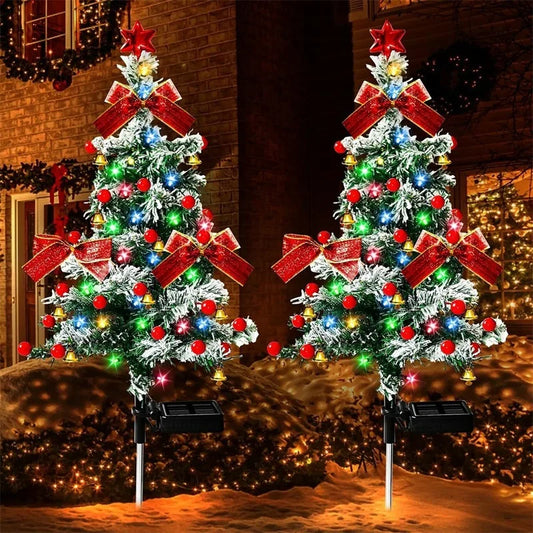Perfecsy solar cedar Christmas tree light decor with red bows and LED on stakes; two trees on Tampa Home & Garden Store