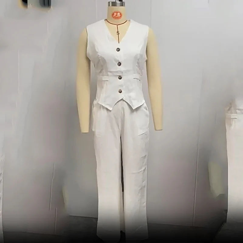 Women sleeveless vest with button-front and white wide-leg pants suit, UpTrend Deals on Tampa Home & Garden Store
