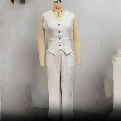 Women sleeveless vest with button-front and white wide-leg pants suit, UpTrend Deals on Tampa Home & Garden Store