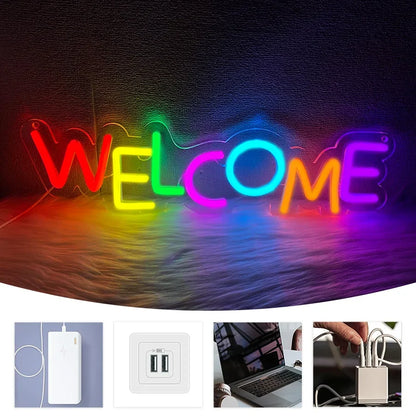 Perfecsy Welcome neon sign, USB powered commercial wall lamp in rainbow multicolor glow on Tampa Home & Garden Store