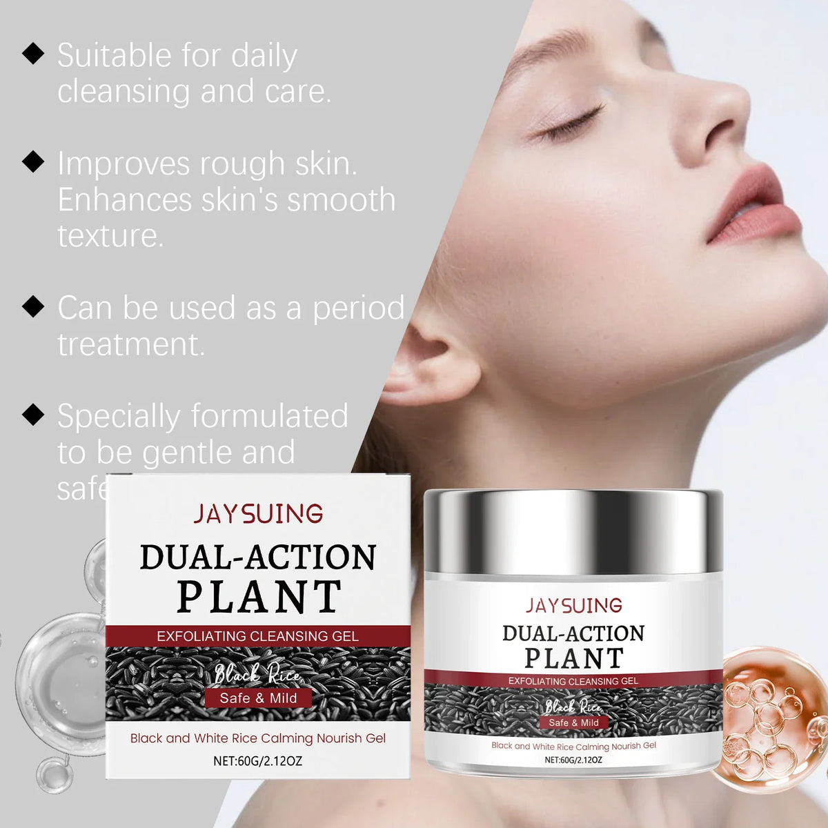 Jaysuing Dual-Action Plant exfoliating cleansing gel two jars with black rice visuals on Tampa Home & Garden Store