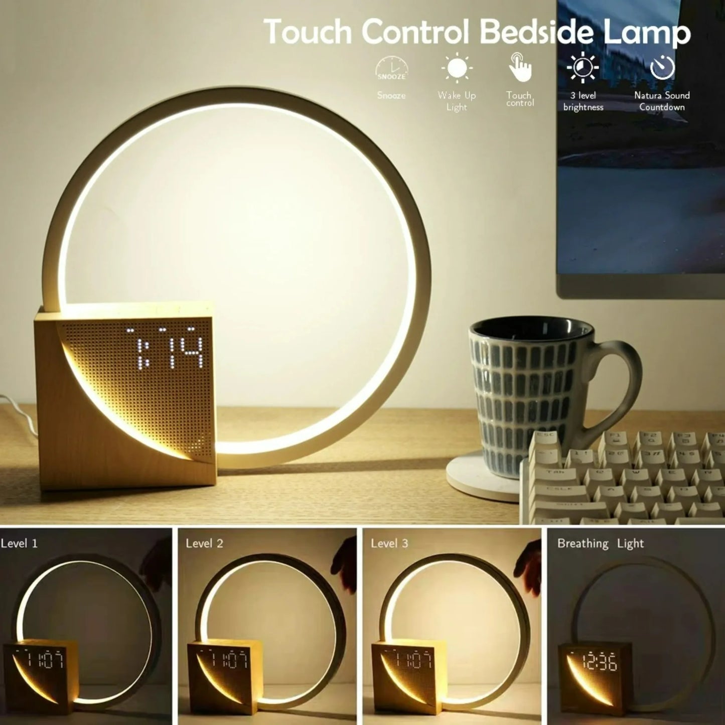 Alarm Clock Wake Up Night Light with circular LED ring, wooden base by Perfecsy on Tampa Home & Garden Store