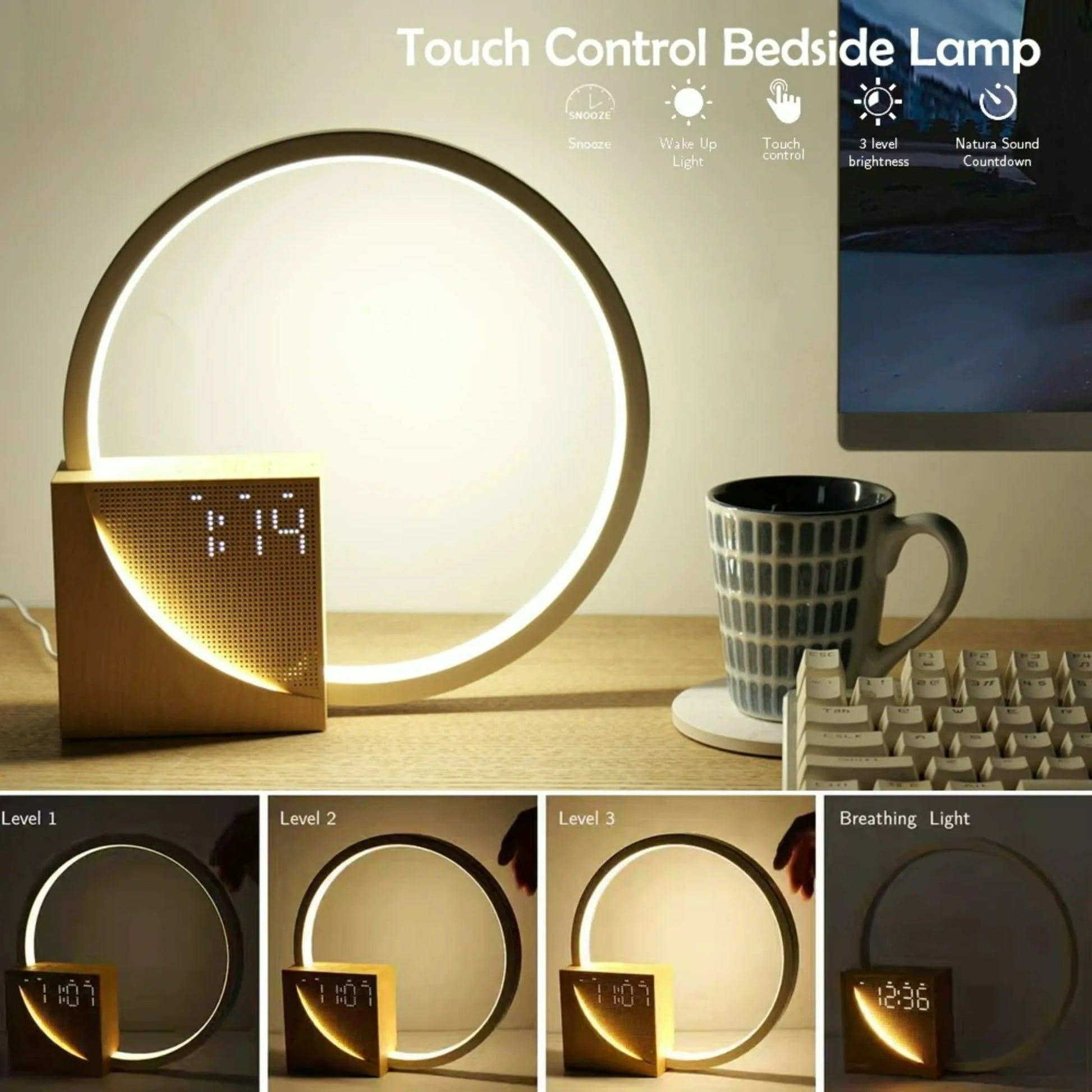 Alarm Clock Wake Up Night Light with circular LED ring, wooden base by Perfecsy on Tampa Home & Garden Store