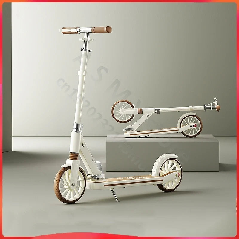 Foldable kick scooter, white with wood-tone deck and brown grips, 2-wheel design, UpTrend Deals on Tampa Home & Garden Store