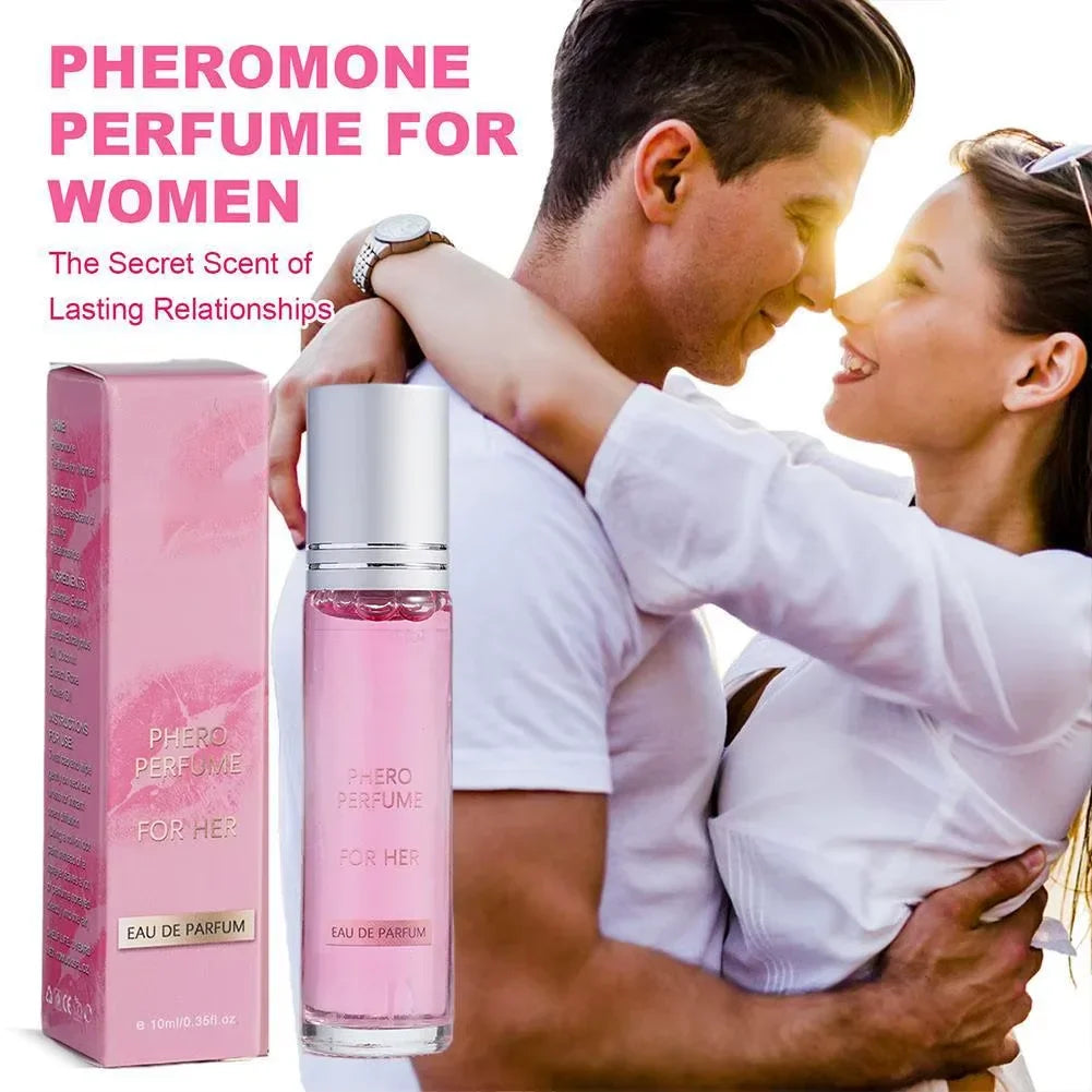 Pink pheromone perfume bottle for women with pink box and couple embracing in background on Tampa Home & Garden Store
