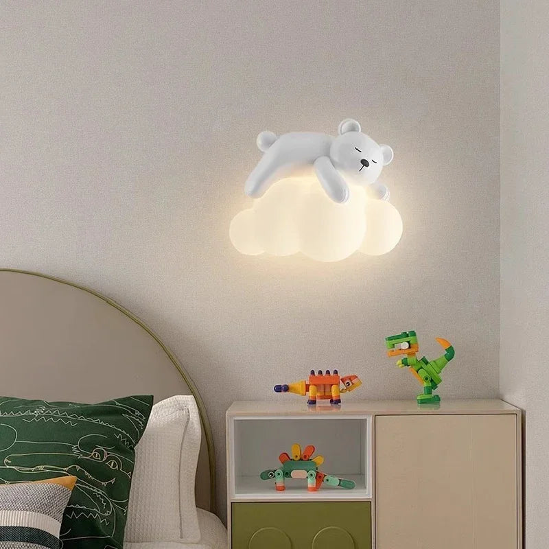 DecorBites Kids LED Bear Wall Lamp, white bear atop a glowing cloud in a kids bedroom on Tampa Home & Garden Store