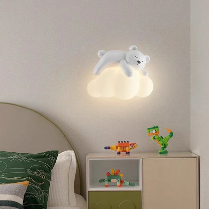 DecorBites Kids LED Bear Wall Lamp, white bear atop a glowing cloud in a kids bedroom on Tampa Home & Garden Store