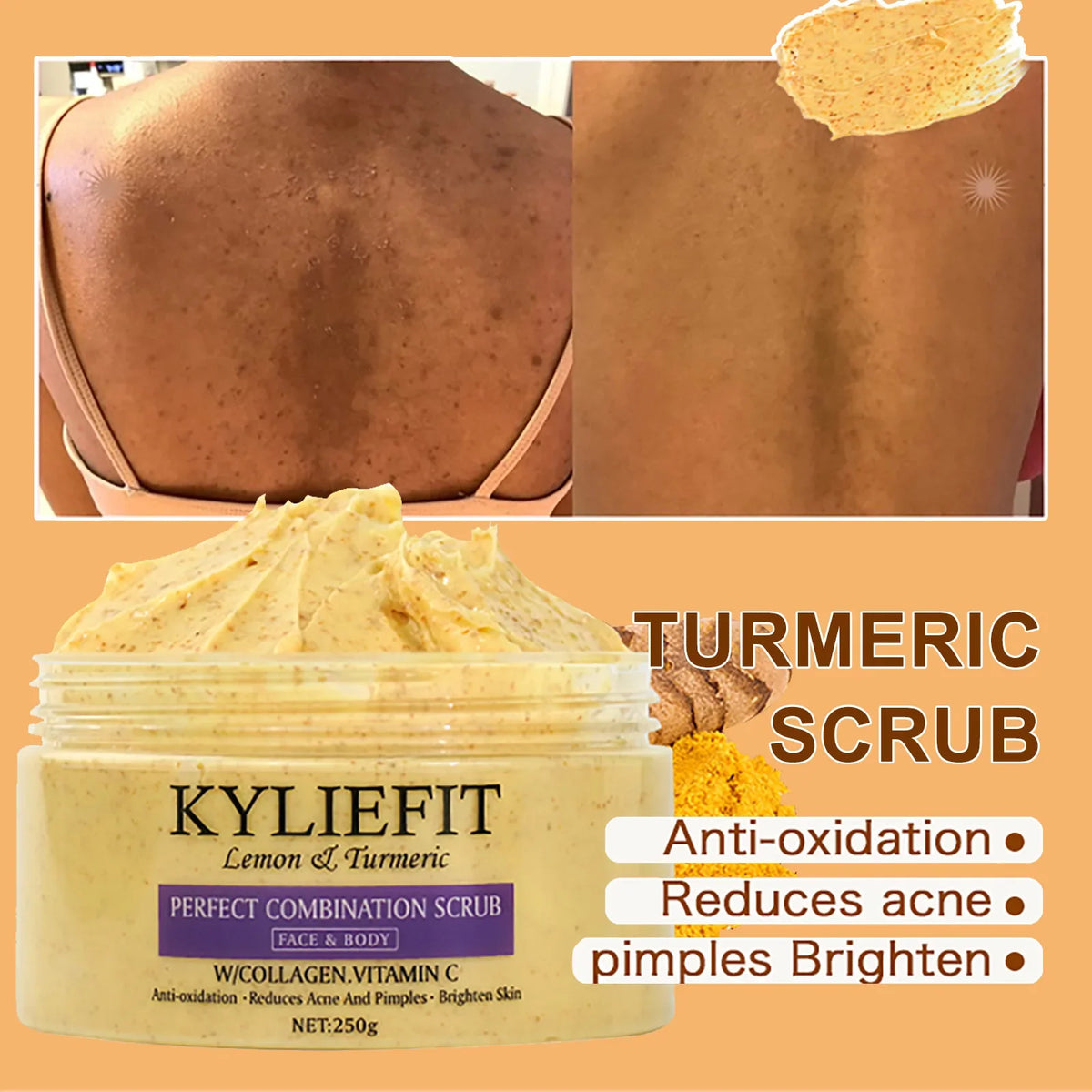 Silcy Skin Natural Turmeric Scrub for face and body, brightening exfoliant in 250g jar on Tampa Home & Garden Store
