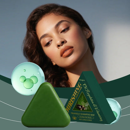 Green triangle hair growth shampoo bar by Silcy Skin; triangle soap packaging with model on Tampa Home & Garden Store