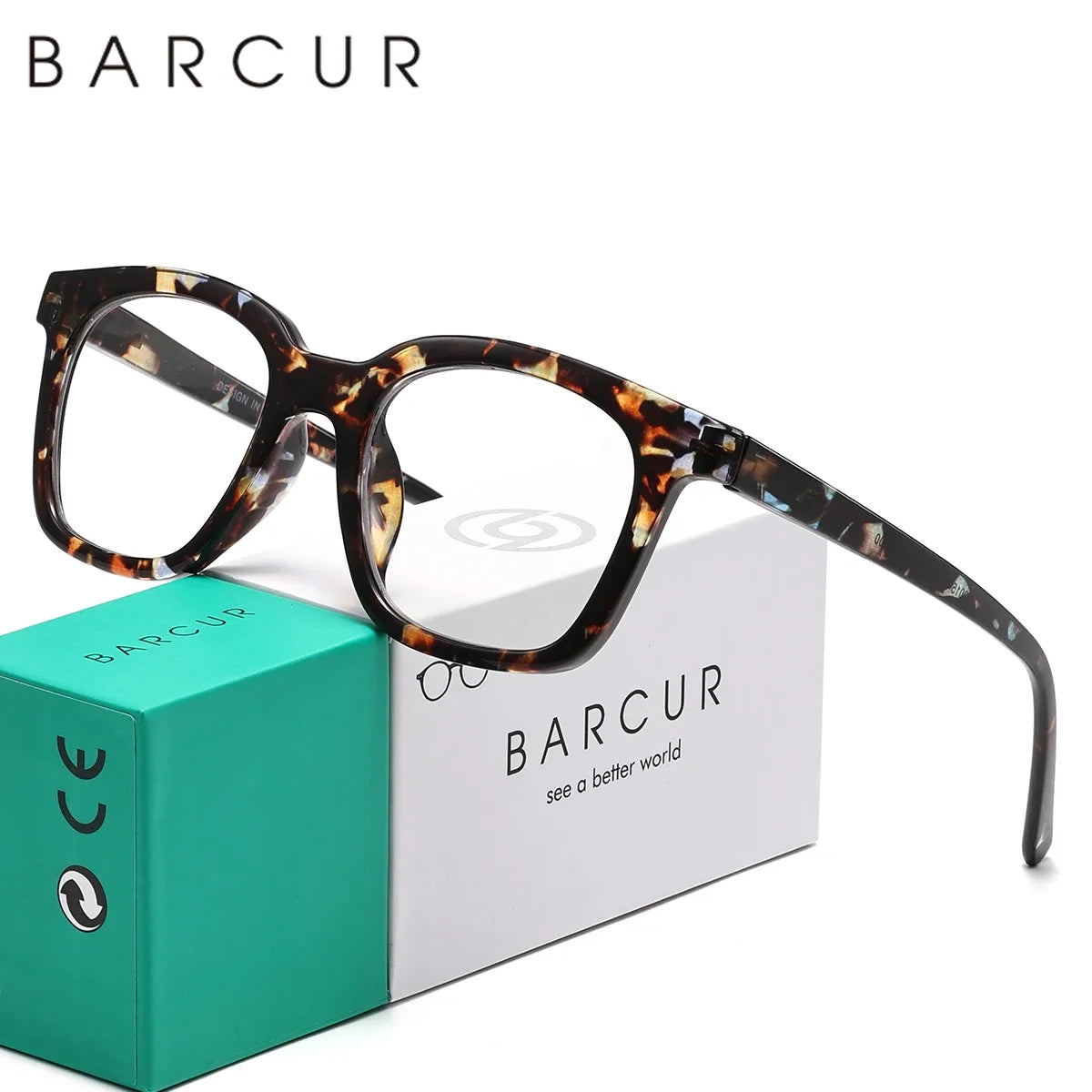 BARCUR leopard-pattern reading glasses, rectangular tortoiseshell frame, transparent lenses on Tampa Home & Garden Store