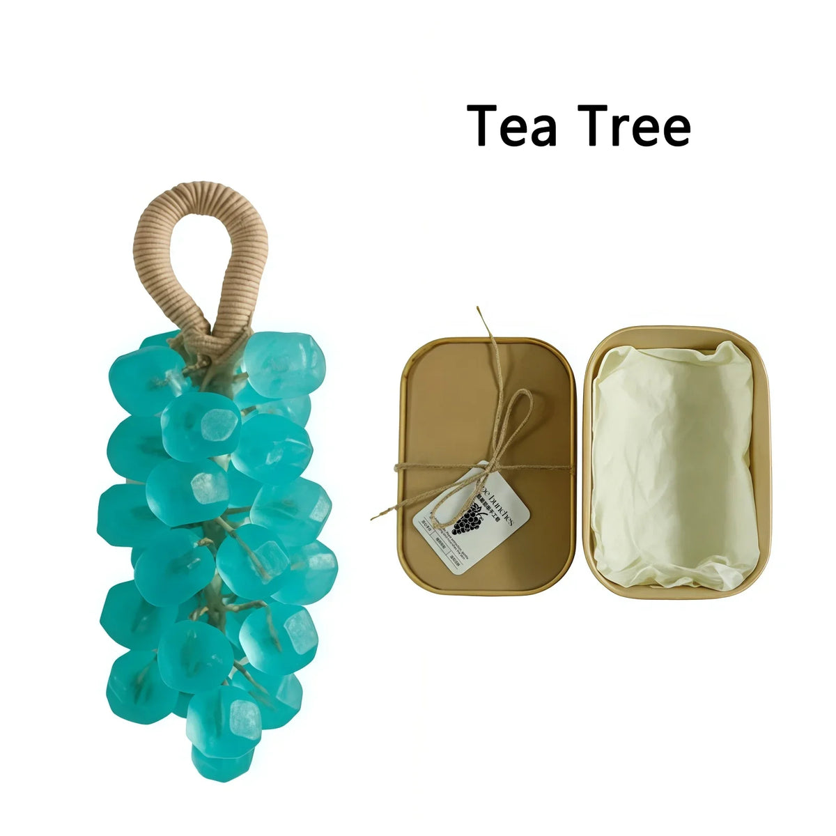 Grape hand soap set with teal bead accents and wrapped bars in gold tins on Tampa Store on Tampa Home & Garden Store