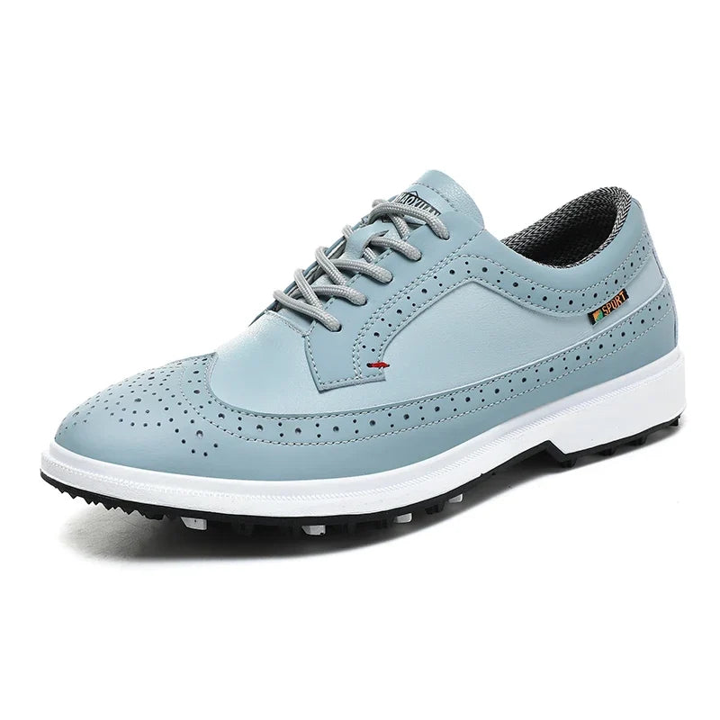 Men's golf shoes EstaliosFit leather breathable trainer in light blue with brogue perforations on Tampa Home & Garden Store
