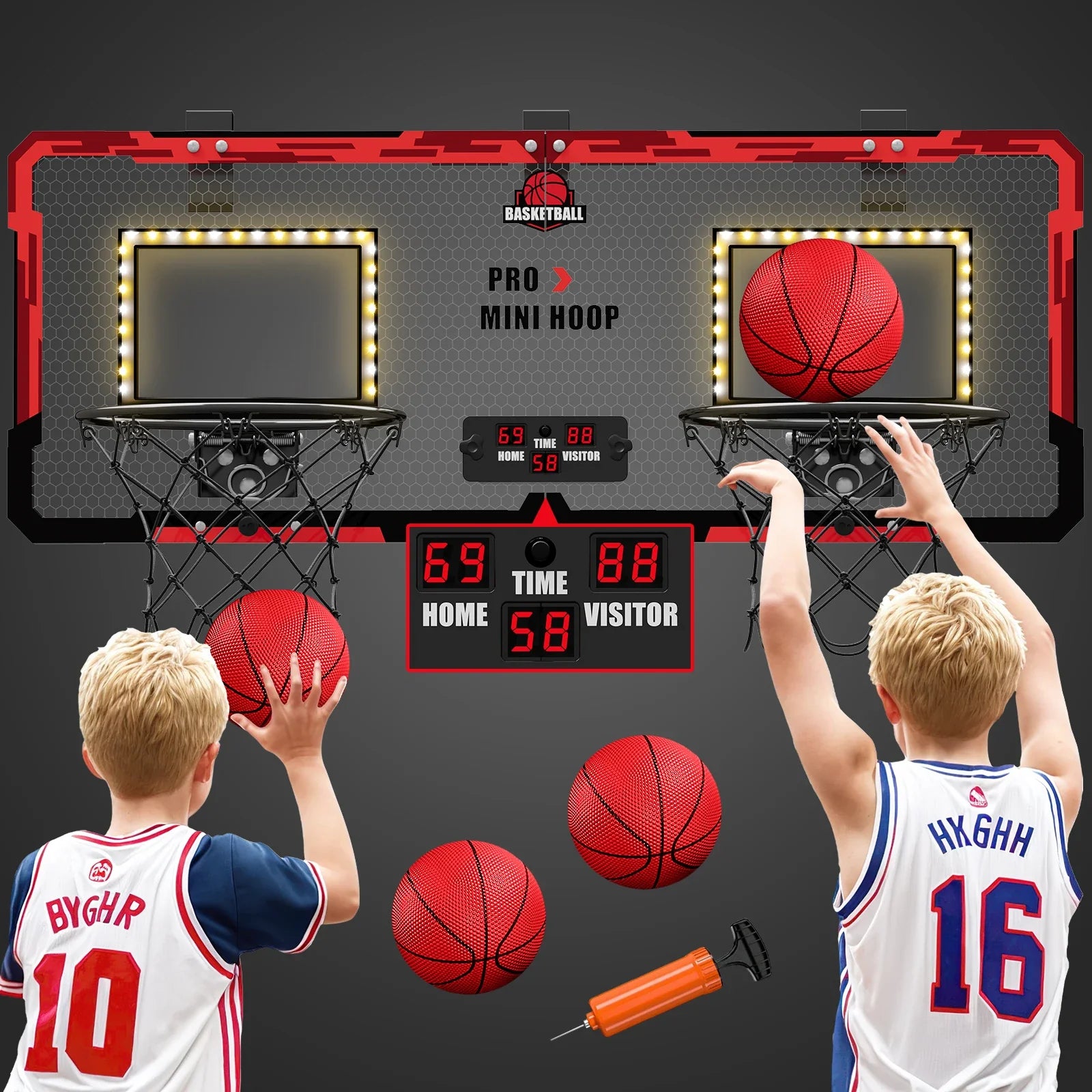 Double basketball hoop arcade game with two wall-mounted backboards and LED rims on Tampa Home & Garden Store