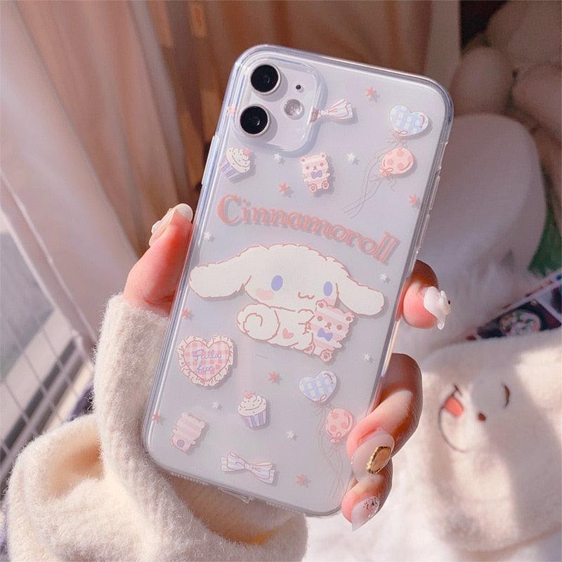 Stevvex clear iPhone case with Cinnamoroll dog illustration and pastel cupcakes on clear back on Tampa Home & Garden Store