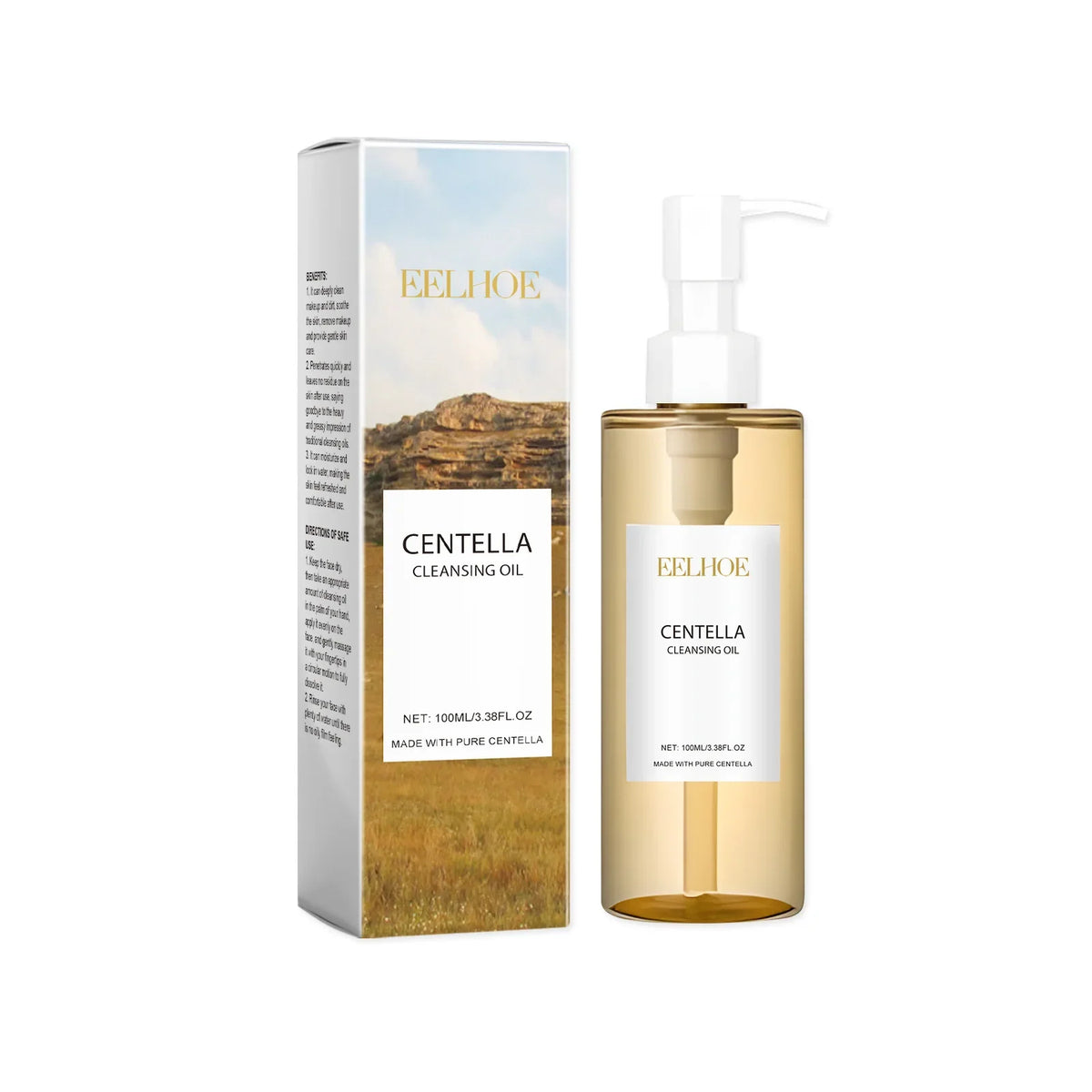 Silcy Skin Centella Cleansing Oil bottle with white pump beside sky desert box, gold bottle on Tampa Home & Garden Store