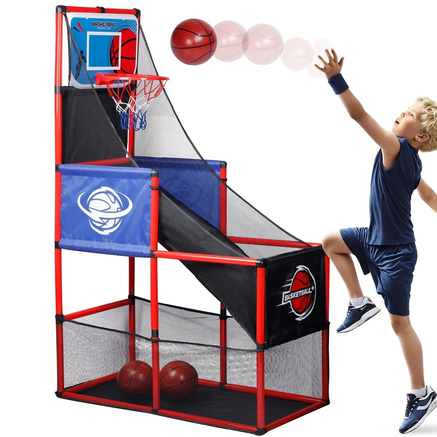 Arcade basketball game set with hoop and balls by FLIPSTYLEZLLC, red frame, blue padding on Tampa Home & Garden Store
