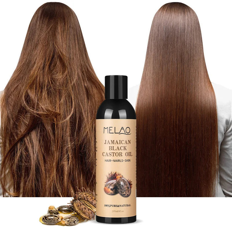 Silcy Skin Jamaican Black Castor Oil bottle 237ml with beige label and black cap beside hair on Tampa Home & Garden Store