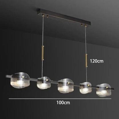 DecorBites LED pendant chandelier with five ribbed glass shades on a brass bar on Tampa Home & Garden Store