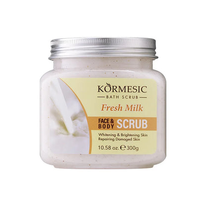 KORMESIC Fresh Milk Face & Body Scrub jar with yellow label creamy texture on Tampa Home & Garden Store