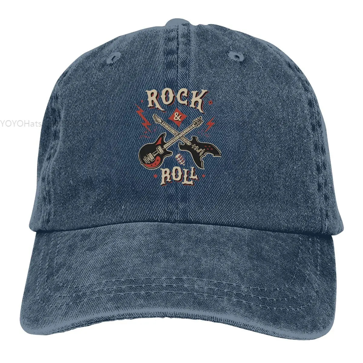 Rock N Roll Multicolor Cap by BikerZoneZ, blue denim hat with crossed guitar graphic on Tampa Home & Garden Store