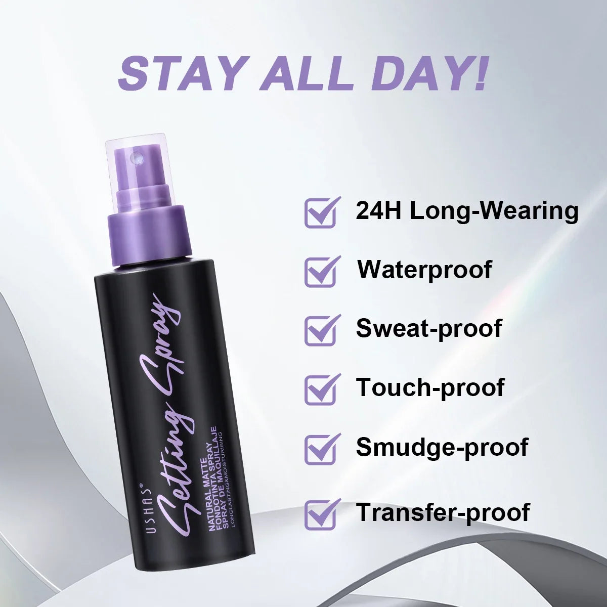 USHAS Silcy Skin setting spray bottle, black with purple spray cap, angled; 24H wear, waterproof on Tampa Home & Garden Store