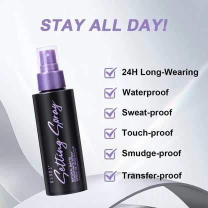 USHAS Silcy Skin setting spray bottle, black with purple spray cap, angled; 24H wear, waterproof on Tampa Home & Garden Store