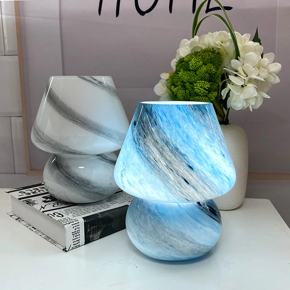 Glass mushroom table lamp set of two by Perfecsy, blue glow with gray marble pattern on Tampa Home & Garden Store