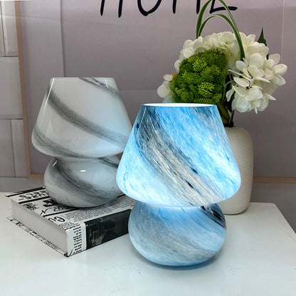 Glass mushroom table lamp set of two by Perfecsy, blue glow with gray marble pattern on Tampa Home & Garden Store