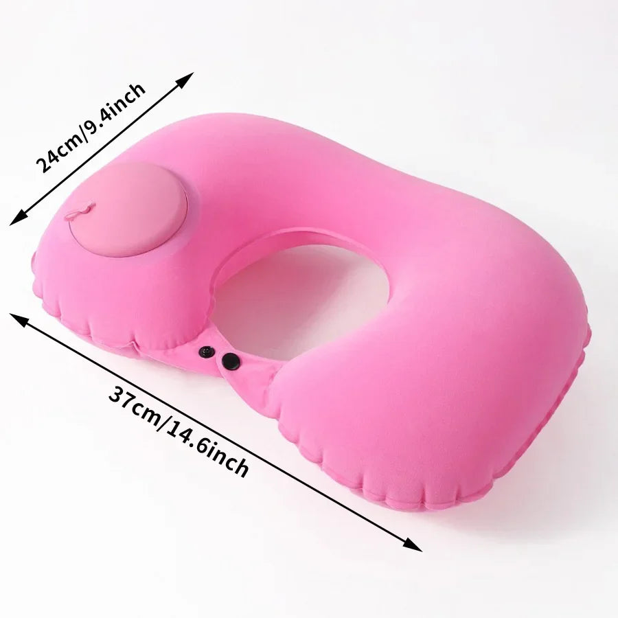 Portable pink inflatable flocked neck pillow for travel with valve Ushaped support on Tampa Home & Garden Store