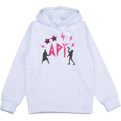 White unisex hoodie with pink APT graphic, accents, and silhouette figures in streetwear style on Tampa Home & Garden Store